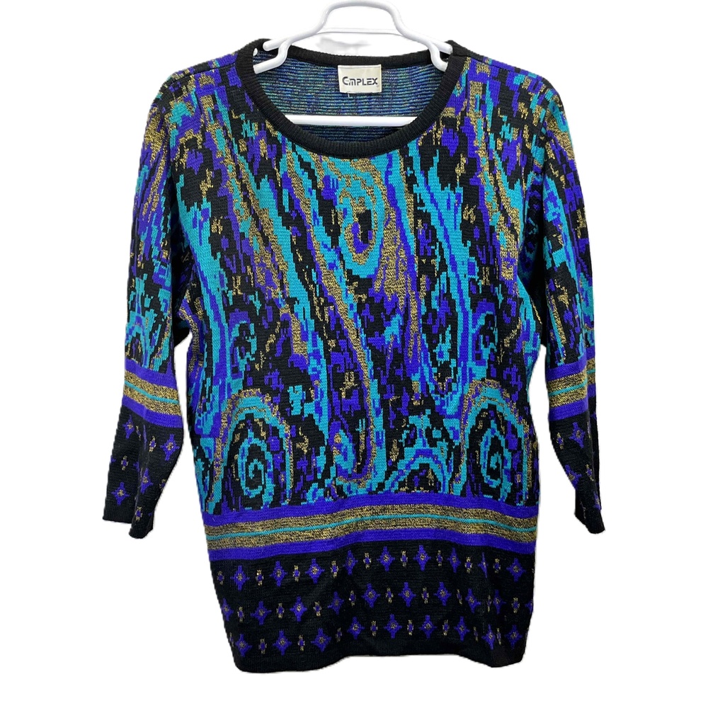 Vintage‎ 90s The Complex Multicolor Abstract Paisley Womens Pullover Sweater Lg.